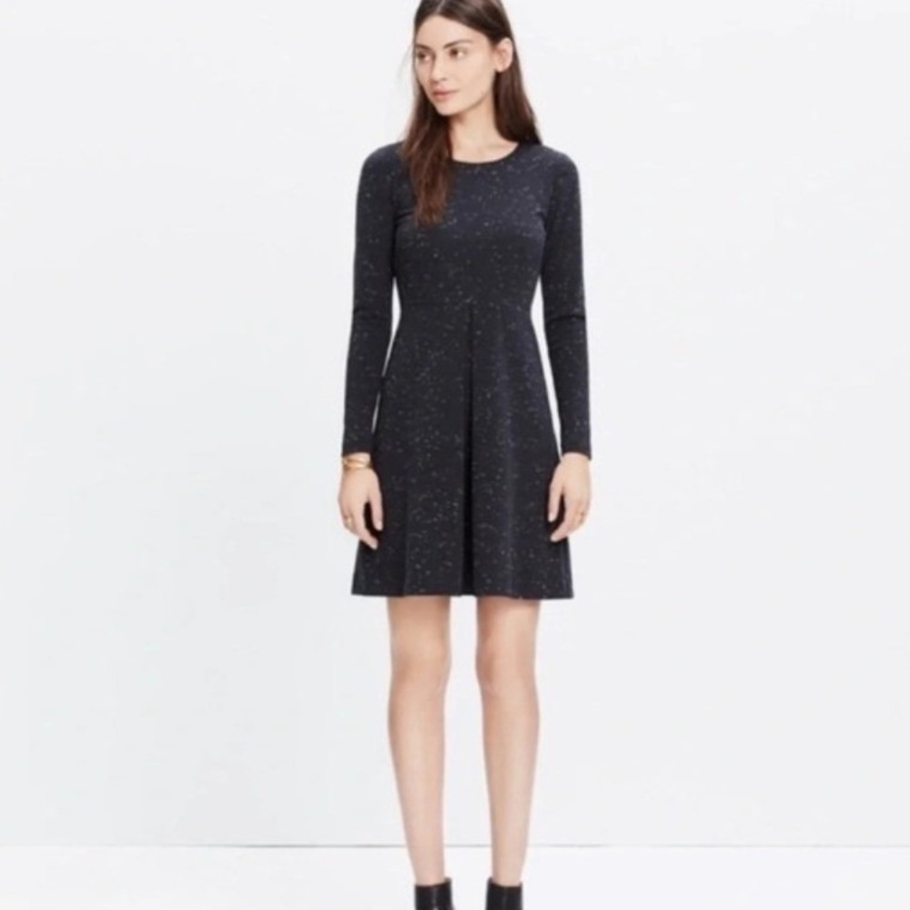 Madewell Navy‎ Blue Speckled Knit Long Sleeve Fit Flare Dress Size 4 NWOT $110